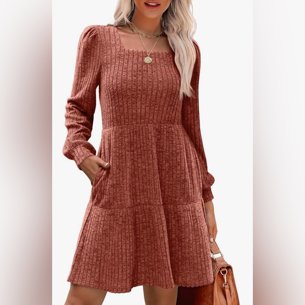 NEW! Women’s Square Neck Long Sleeve Fall Dress/ Casual Babydoll Sweater Dress